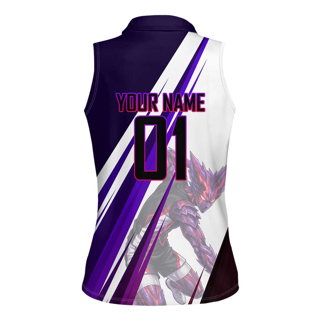 Personalized Garou Monster Volleyball Design Women Sleeveless Polo Shirt with Dynamic Pose, Purple and White Diagonal Stripes Featuring One Punch Man Anime Theme
