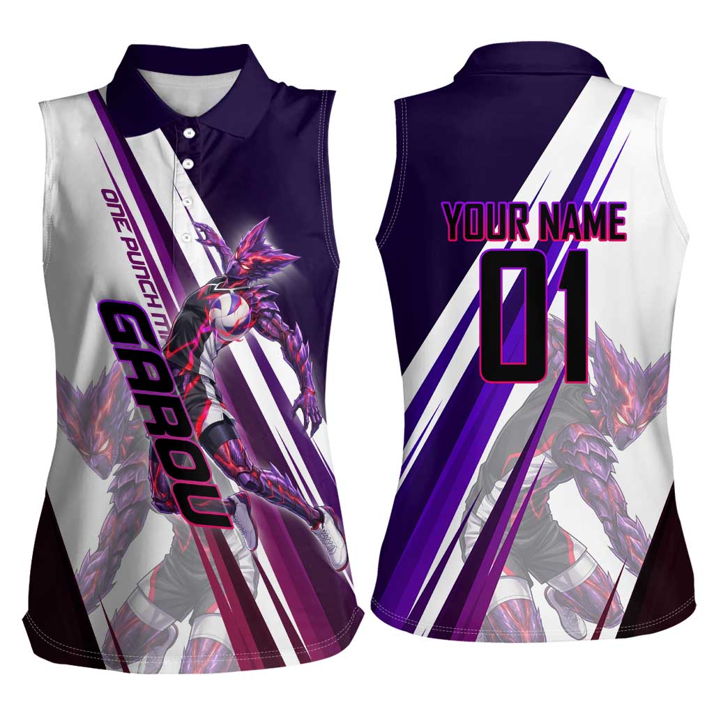 Personalized Garou Monster Volleyball Design Women Sleeveless Polo Shirt with Dynamic Pose, Purple and White Diagonal Stripes Featuring One Punch Man Anime Theme