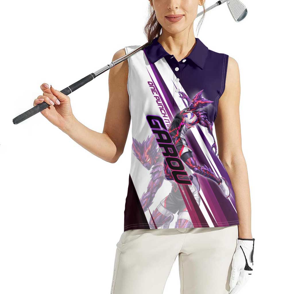 Personalized Garou Monster Volleyball Design Women Sleeveless Polo Shirt with Dynamic Pose, Purple and White Diagonal Stripes Featuring One Punch Man Anime Theme
