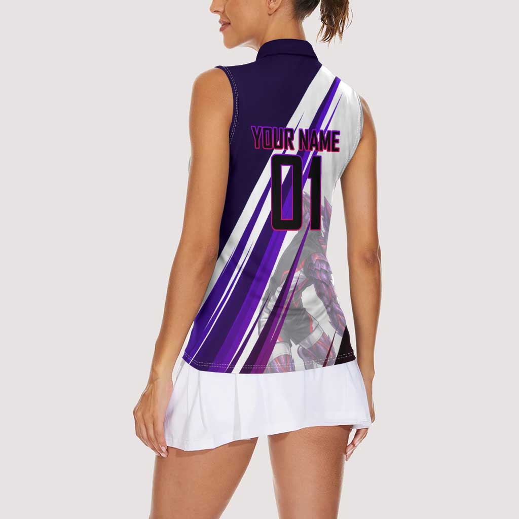 Personalized Garou Monster Volleyball Design Women Sleeveless Polo Shirt with Dynamic Pose, Purple and White Diagonal Stripes Featuring One Punch Man Anime Theme