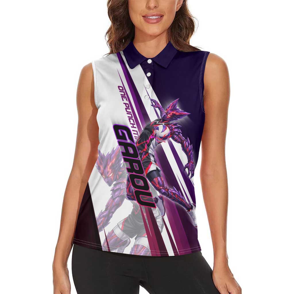 Personalized Garou Monster Volleyball Design Women Sleeveless Polo Shirt with Dynamic Pose, Purple and White Diagonal Stripes Featuring One Punch Man Anime Theme