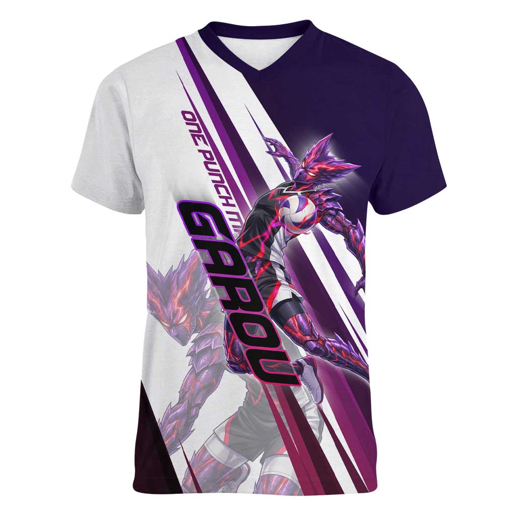 Personalized Garou Monster Volleyball Design Women V-Neck T-Shirt with Dynamic Pose, Purple and White Diagonal Stripes Featuring One Punch Man Anime Theme
