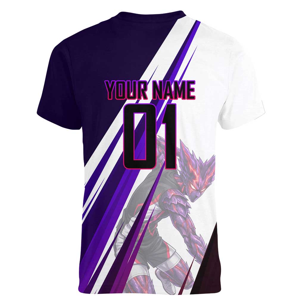 Personalized Garou Monster Volleyball Design Women V-Neck T-Shirt with Dynamic Pose, Purple and White Diagonal Stripes Featuring One Punch Man Anime Theme