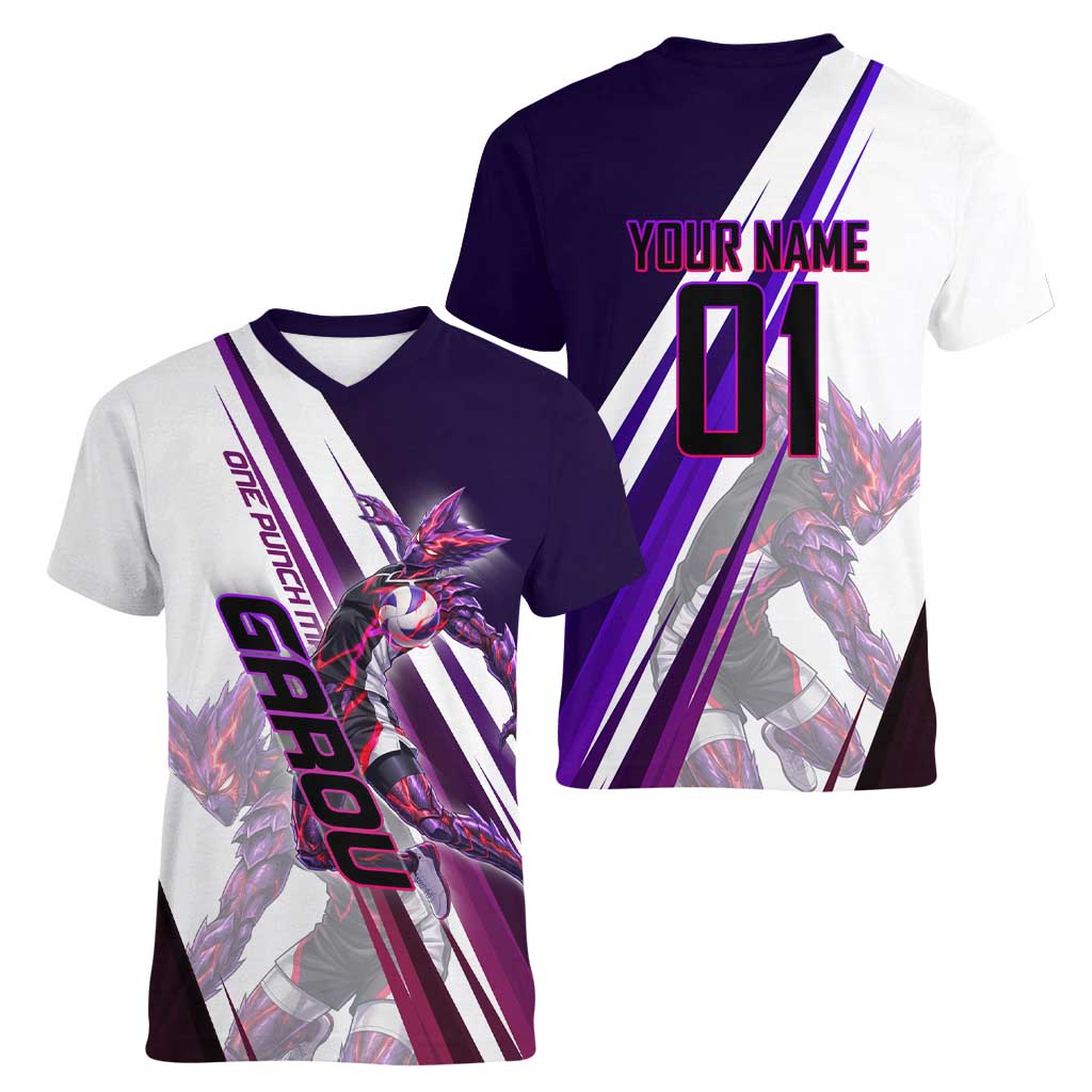 Personalized Garou Monster Volleyball Design Women V-Neck T-Shirt with Dynamic Pose, Purple and White Diagonal Stripes Featuring One Punch Man Anime Theme