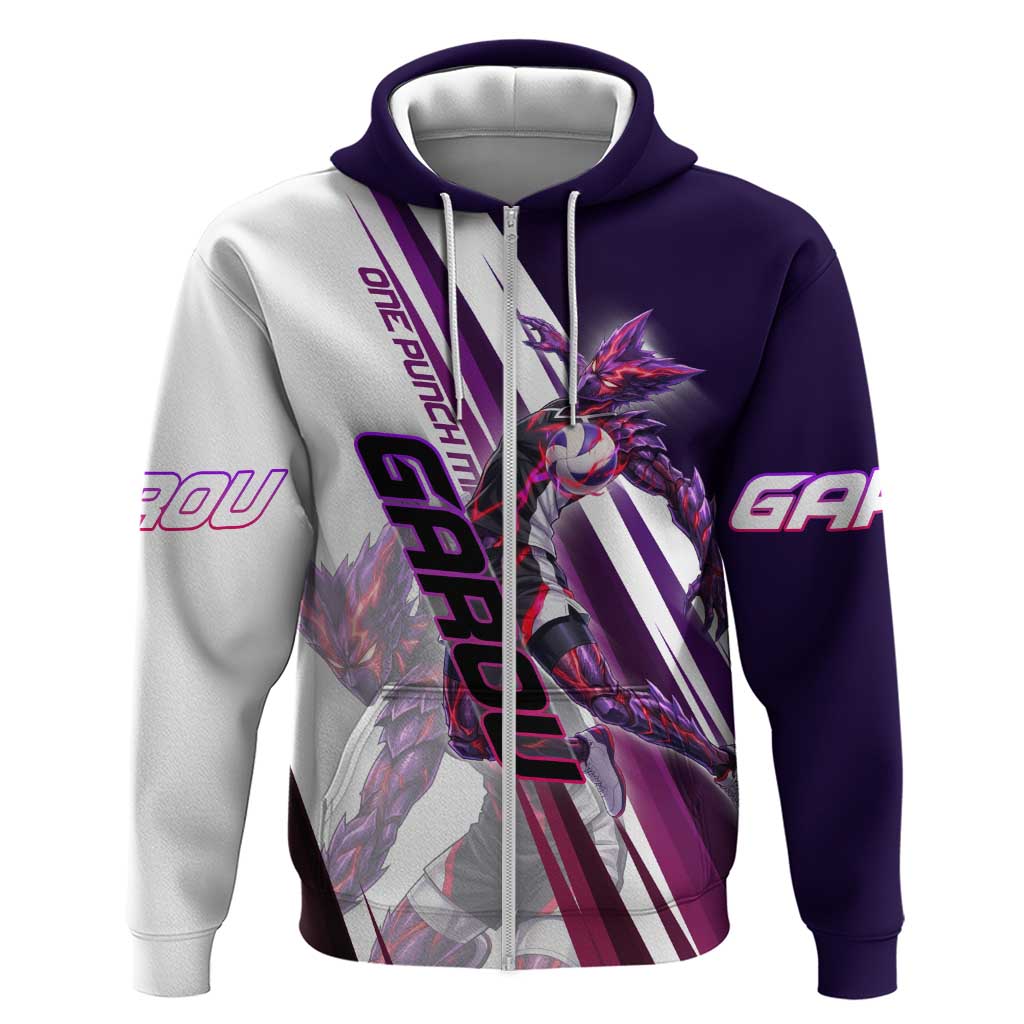Personalized Garou Monster Volleyball Design Zip Hoodie with Dynamic Pose, Purple and White Diagonal Stripes Featuring One Punch Man Anime Theme