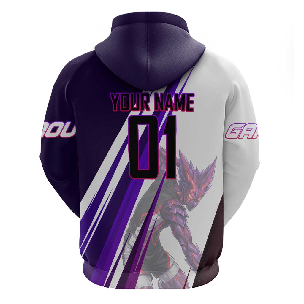 Personalized Garou Monster Volleyball Design Zip Hoodie with Dynamic Pose, Purple and White Diagonal Stripes Featuring One Punch Man Anime Theme