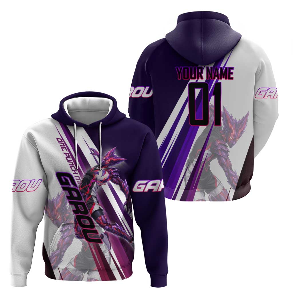 Personalized Garou Monster Volleyball Design Zip Hoodie with Dynamic Pose, Purple and White Diagonal Stripes Featuring One Punch Man Anime Theme