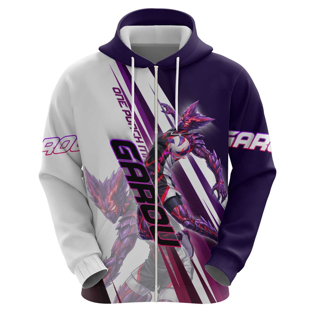 Personalized Garou Monster Volleyball Design Zip Hoodie with Dynamic Pose, Purple and White Diagonal Stripes Featuring One Punch Man Anime Theme