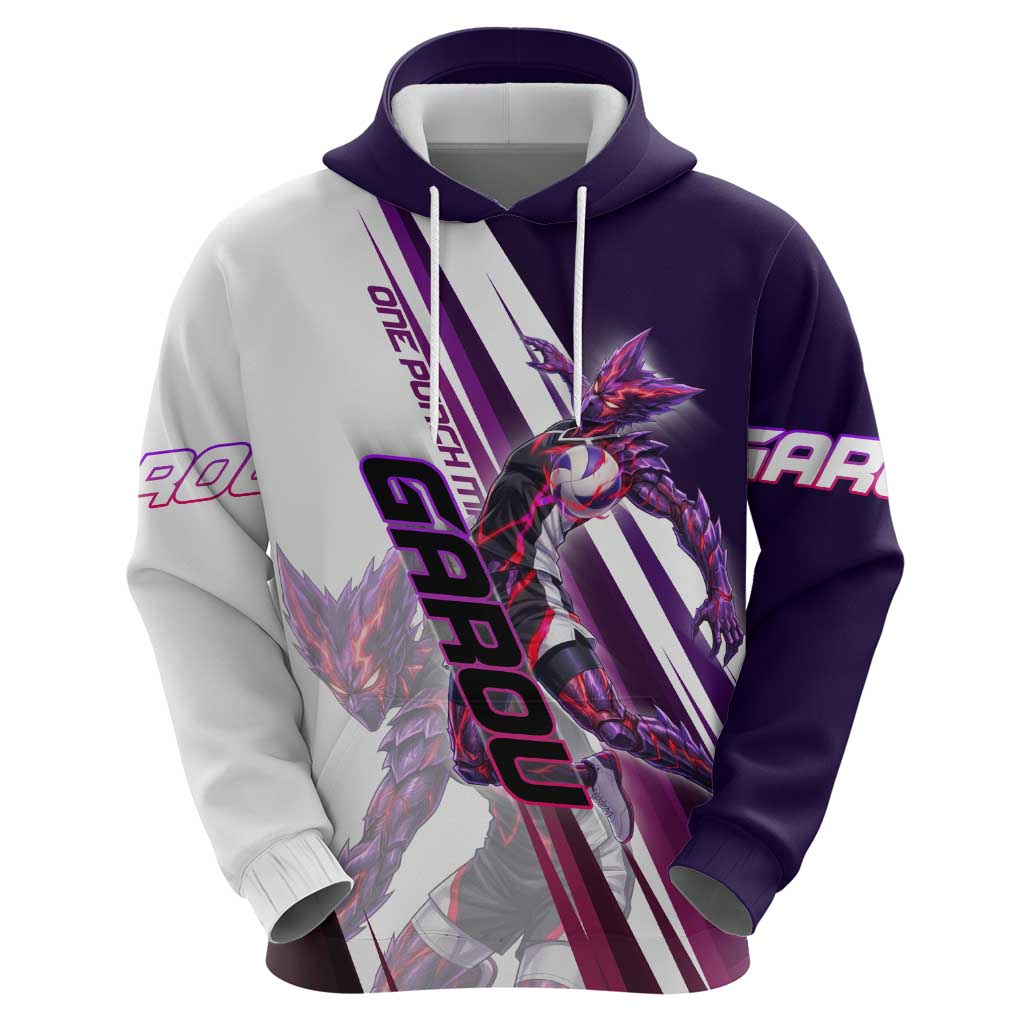 Personalized Garou Monster Volleyball Design Zip Hoodie with Dynamic Pose, Purple and White Diagonal Stripes Featuring One Punch Man Anime Theme