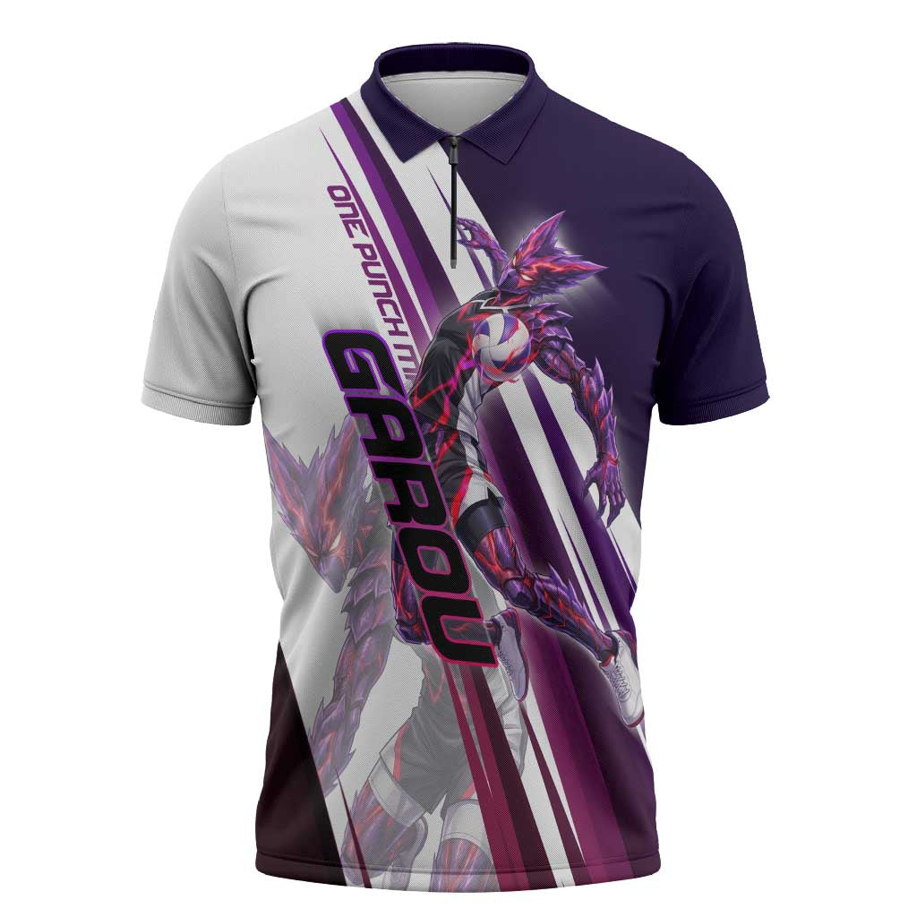 Personalized Garou Monster Volleyball Design Zipper Polo Shirt with Dynamic Pose, Purple and White Diagonal Stripes Featuring One Punch Man Anime Theme