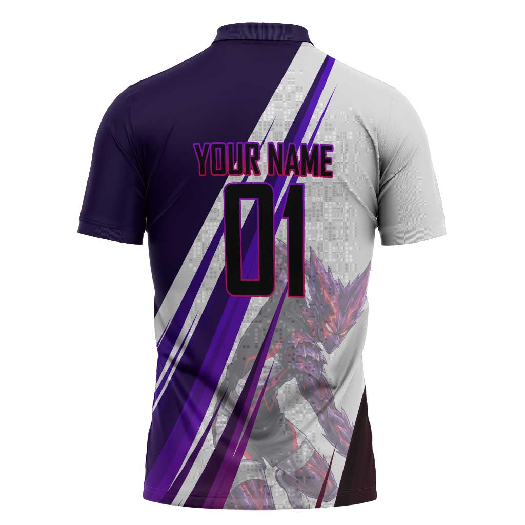 Personalized Garou Monster Volleyball Design Zipper Polo Shirt with Dynamic Pose, Purple and White Diagonal Stripes Featuring One Punch Man Anime Theme