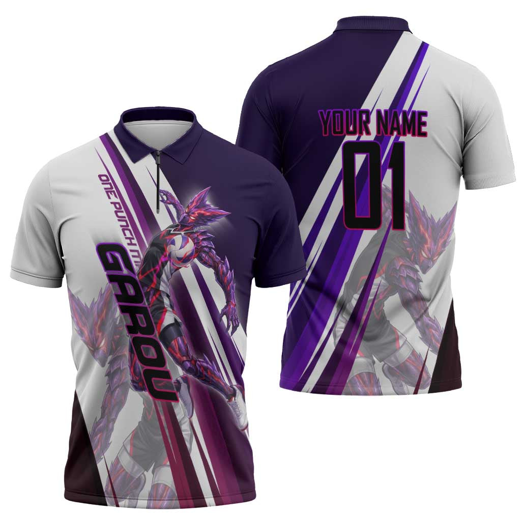 Personalized Garou Monster Volleyball Design Zipper Polo Shirt with Dynamic Pose, Purple and White Diagonal Stripes Featuring One Punch Man Anime Theme