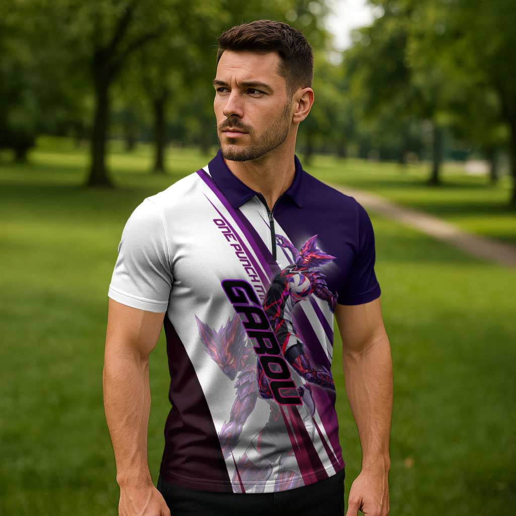 Personalized Garou Monster Volleyball Design Zipper Polo Shirt with Dynamic Pose, Purple and White Diagonal Stripes Featuring One Punch Man Anime Theme