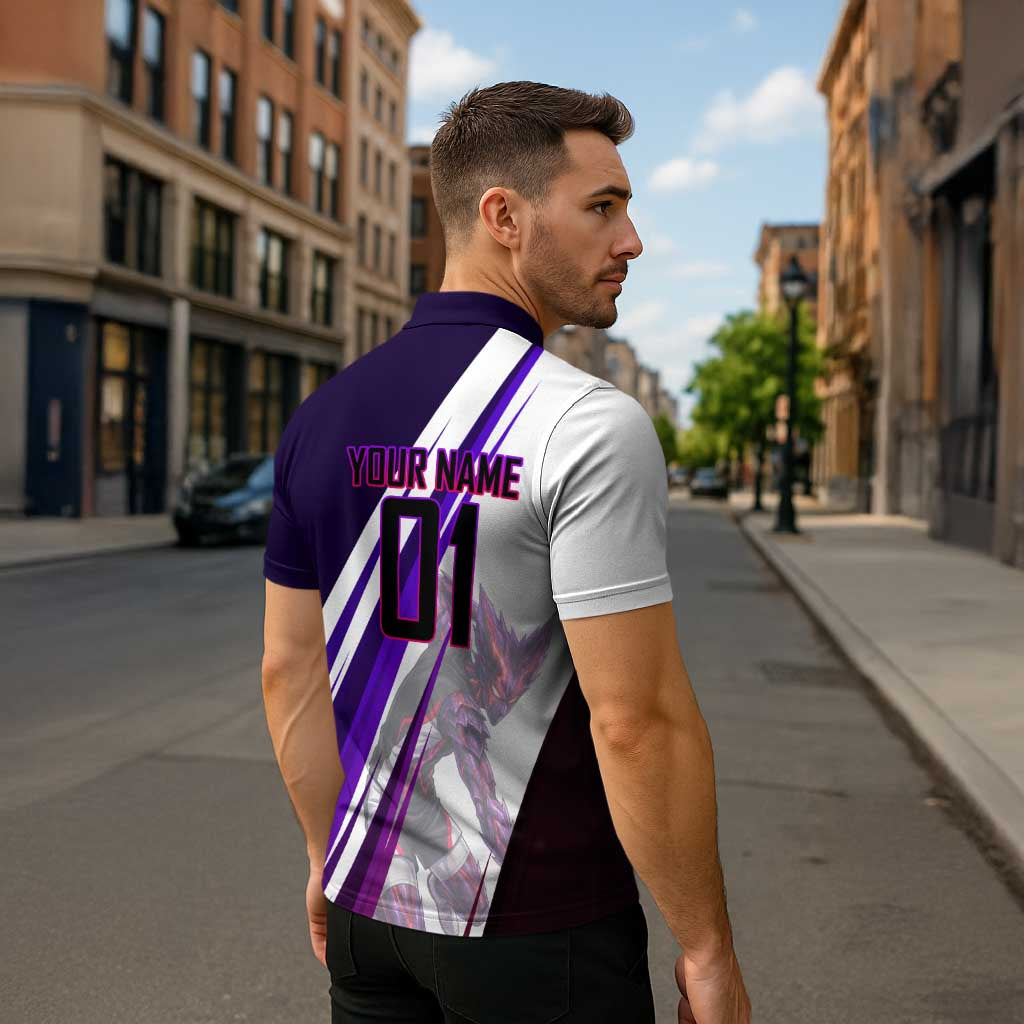 Personalized Garou Monster Volleyball Design Zipper Polo Shirt with Dynamic Pose, Purple and White Diagonal Stripes Featuring One Punch Man Anime Theme