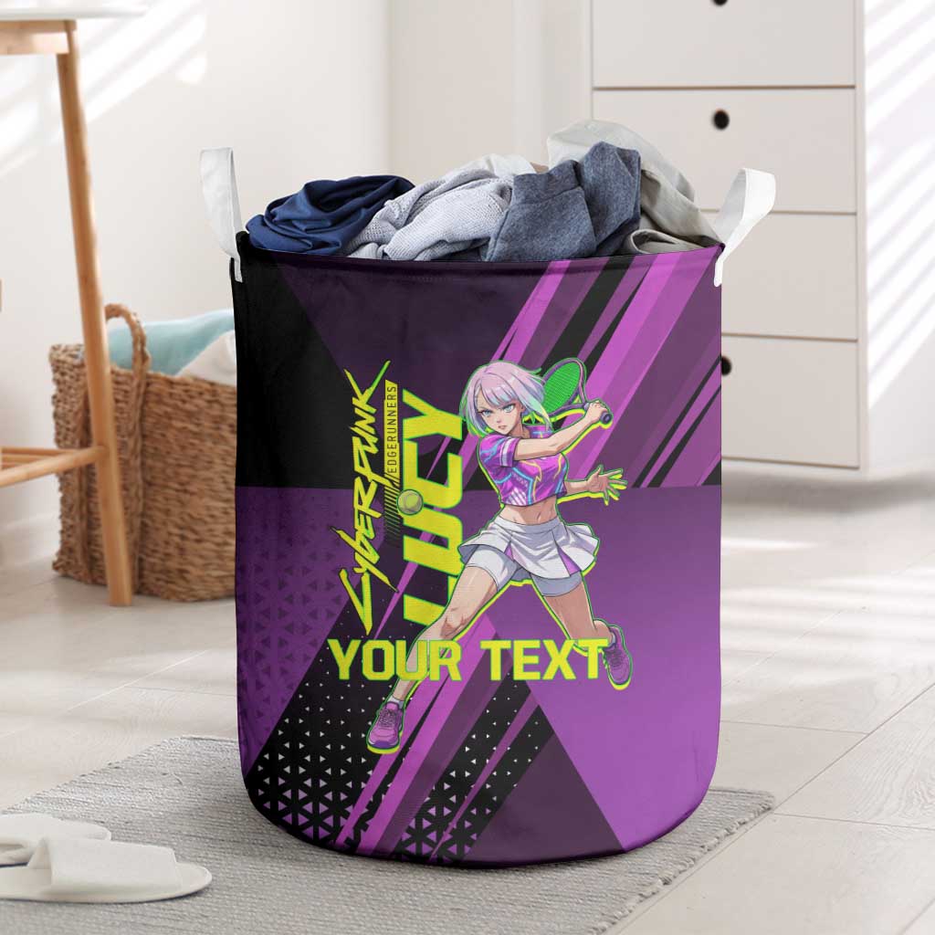 Personalized Lucy Tennis Design Laundry Basket with a Cyberpunk Edgerunners Theme Featuring Neon Purple and Dynamic Poses