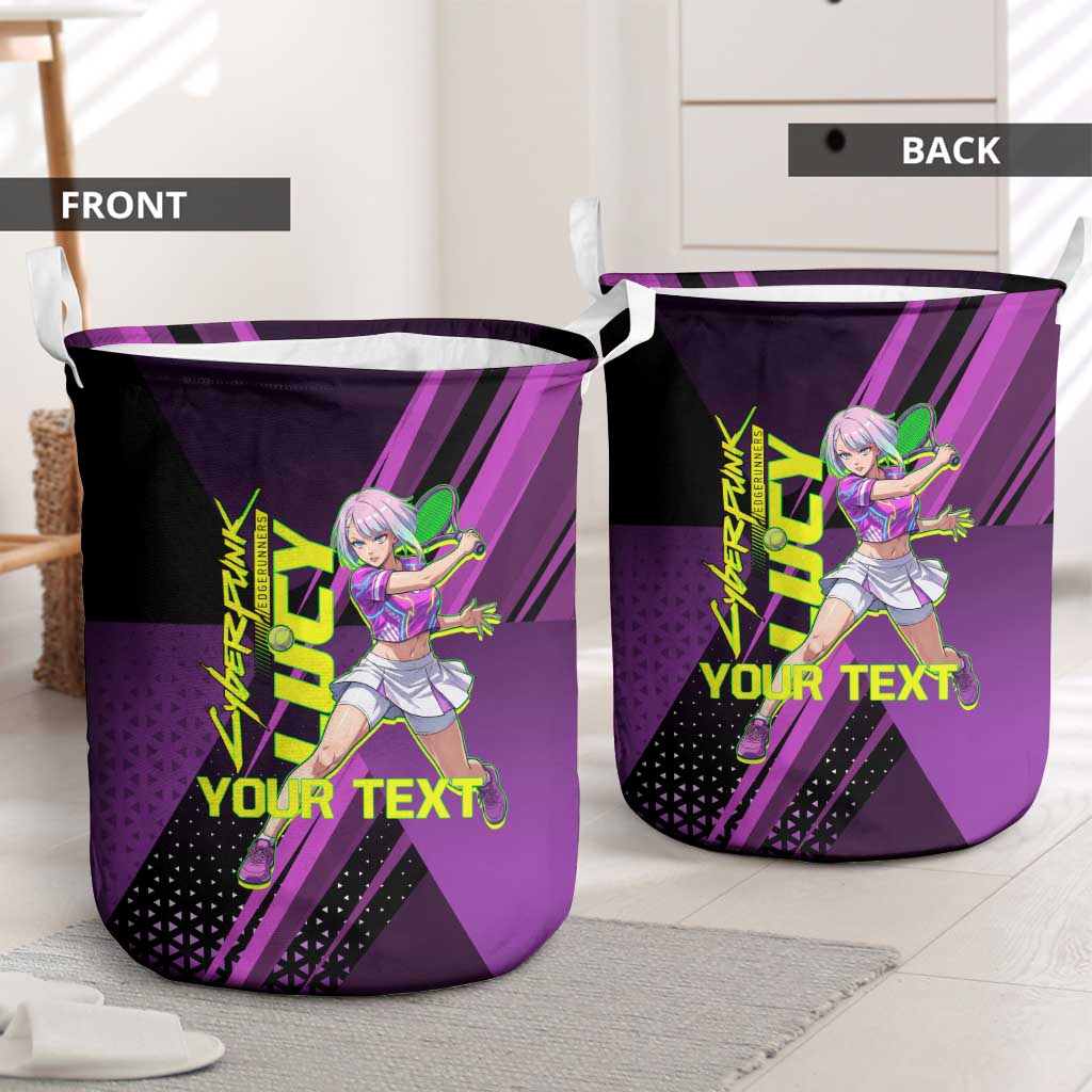 Personalized Lucy Tennis Design Laundry Basket with a Cyberpunk Edgerunners Theme Featuring Neon Purple and Dynamic Poses