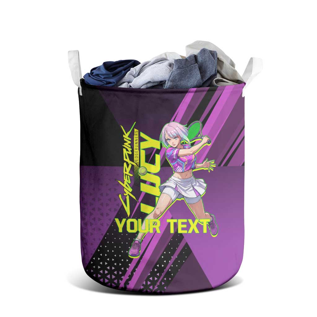 Personalized Lucy Tennis Design Laundry Basket with a Cyberpunk Edgerunners Theme Featuring Neon Purple and Dynamic Poses