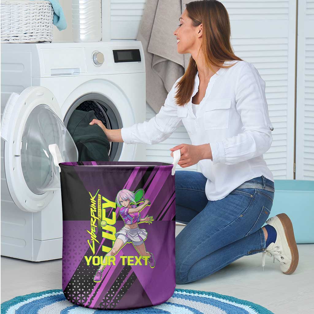 Personalized Lucy Tennis Design Laundry Basket with a Cyberpunk Edgerunners Theme Featuring Neon Purple and Dynamic Poses