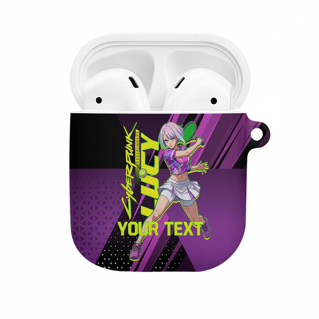 Personalized Lucy Tennis Design AirPods Case with a Cyberpunk Edgerunners Theme Featuring Neon Purple and Dynamic Poses