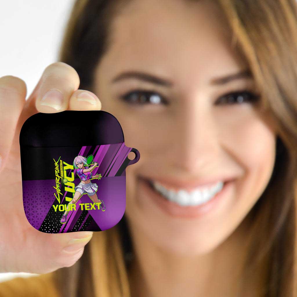 Personalized Lucy Tennis Design AirPods Case with a Cyberpunk Edgerunners Theme Featuring Neon Purple and Dynamic Poses