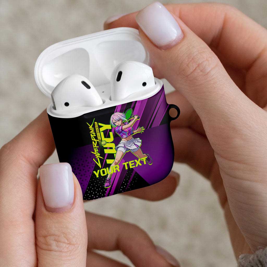 Personalized Lucy Tennis Design AirPods Case with a Cyberpunk Edgerunners Theme Featuring Neon Purple and Dynamic Poses