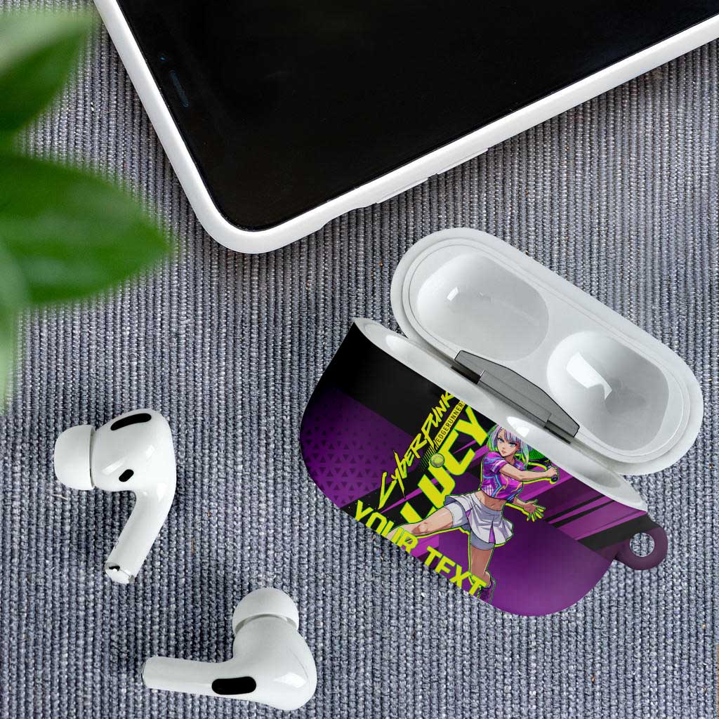Personalized Lucy Tennis Design AirPods Case with a Cyberpunk Edgerunners Theme Featuring Neon Purple and Dynamic Poses