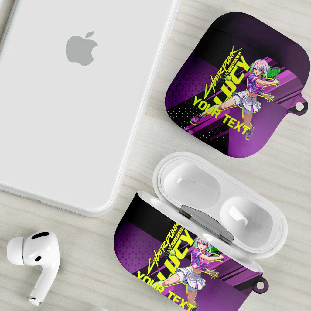 Personalized Lucy Tennis Design AirPods Case with a Cyberpunk Edgerunners Theme Featuring Neon Purple and Dynamic Poses