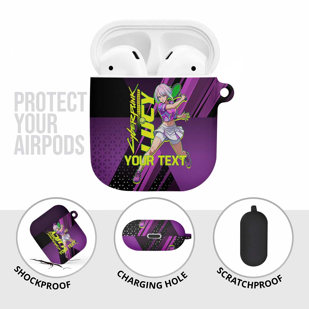 Personalized Lucy Tennis Design AirPods Case with a Cyberpunk Edgerunners Theme Featuring Neon Purple and Dynamic Poses