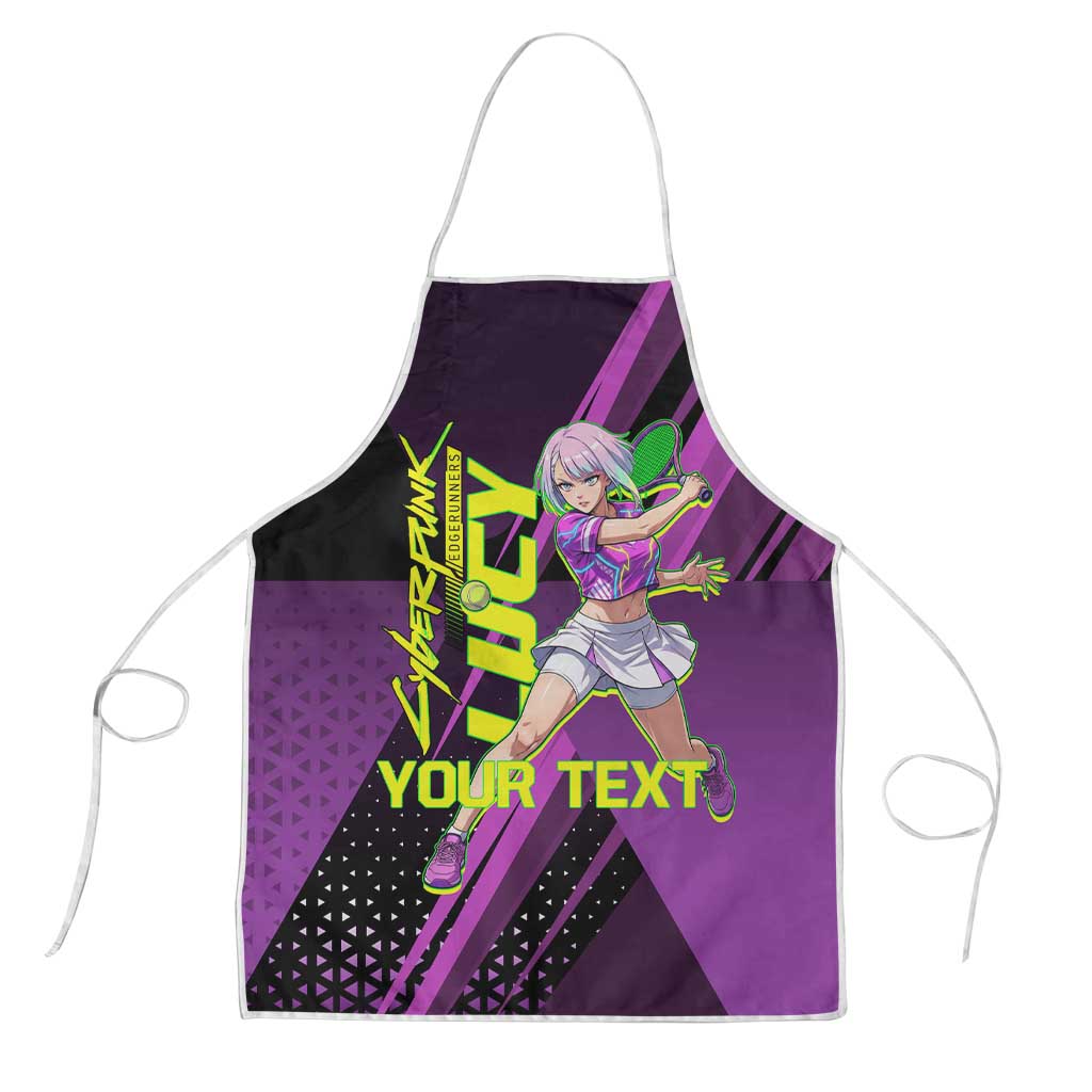 Personalized Lucy Tennis Design Apron with a Cyberpunk Edgerunners Theme Featuring Neon Purple and Dynamic Poses