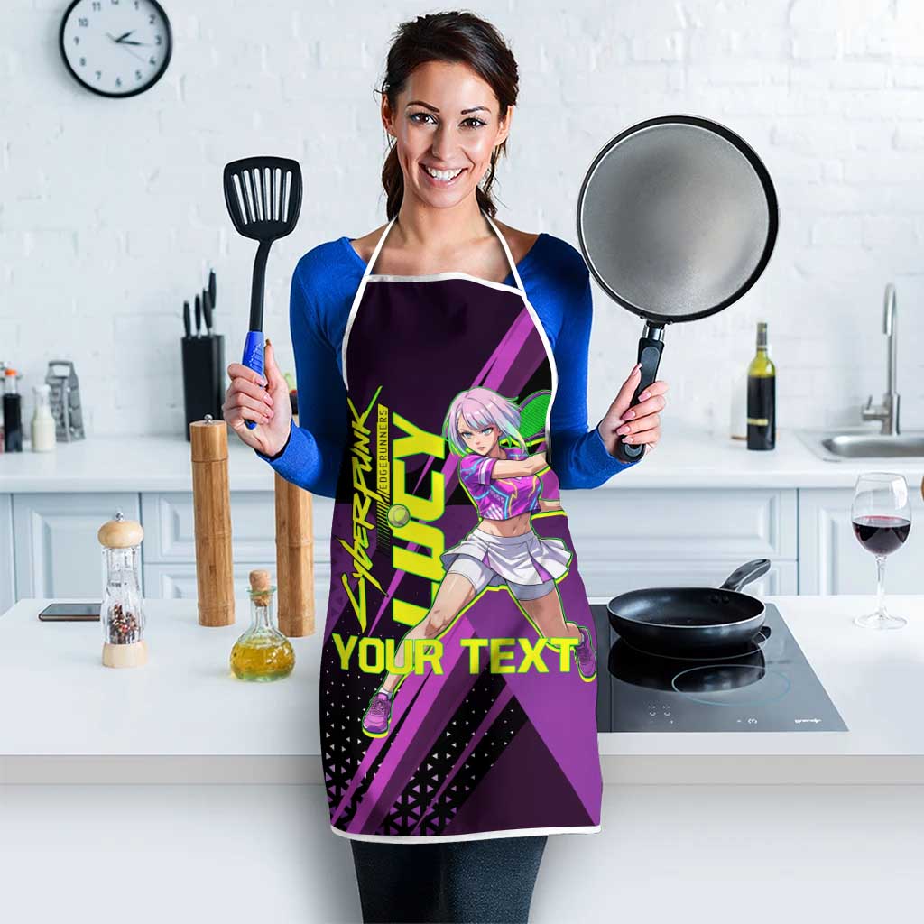 Personalized Lucy Tennis Design Apron with a Cyberpunk Edgerunners Theme Featuring Neon Purple and Dynamic Poses