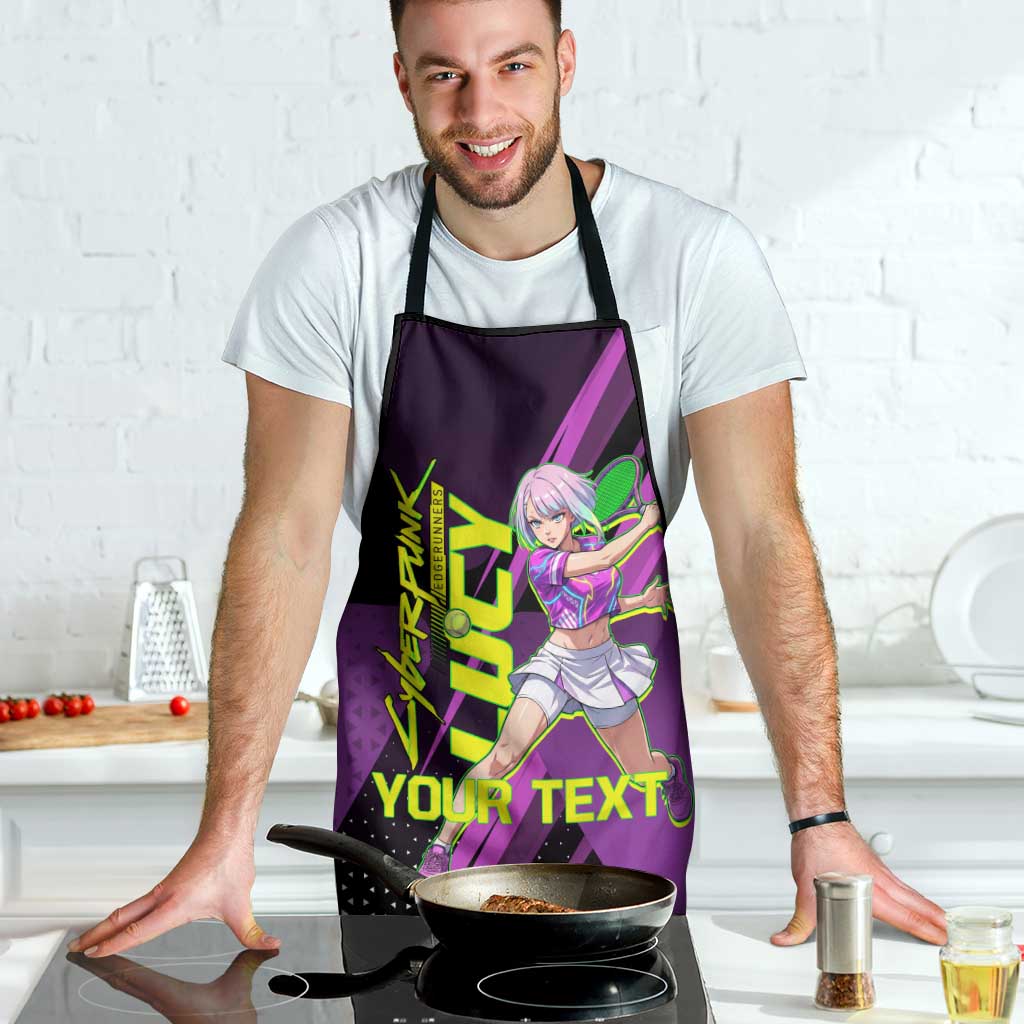 Personalized Lucy Tennis Design Apron with a Cyberpunk Edgerunners Theme Featuring Neon Purple and Dynamic Poses