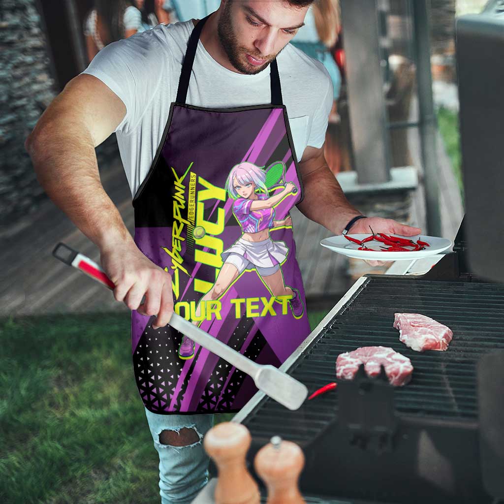 Personalized Lucy Tennis Design Apron with a Cyberpunk Edgerunners Theme Featuring Neon Purple and Dynamic Poses