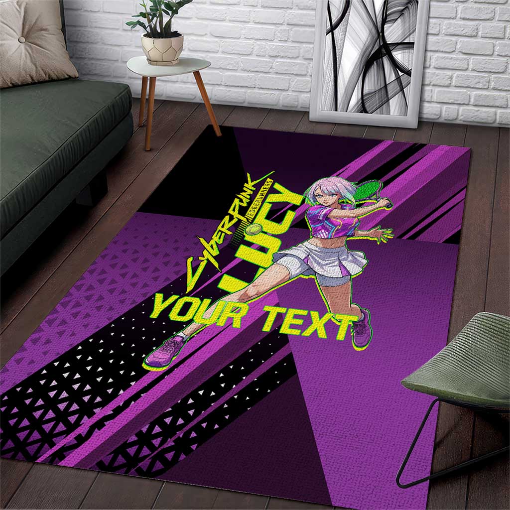 Personalized Lucy Tennis Design Area Rug with a Cyberpunk Edgerunners Theme Featuring Neon Purple and Dynamic Poses