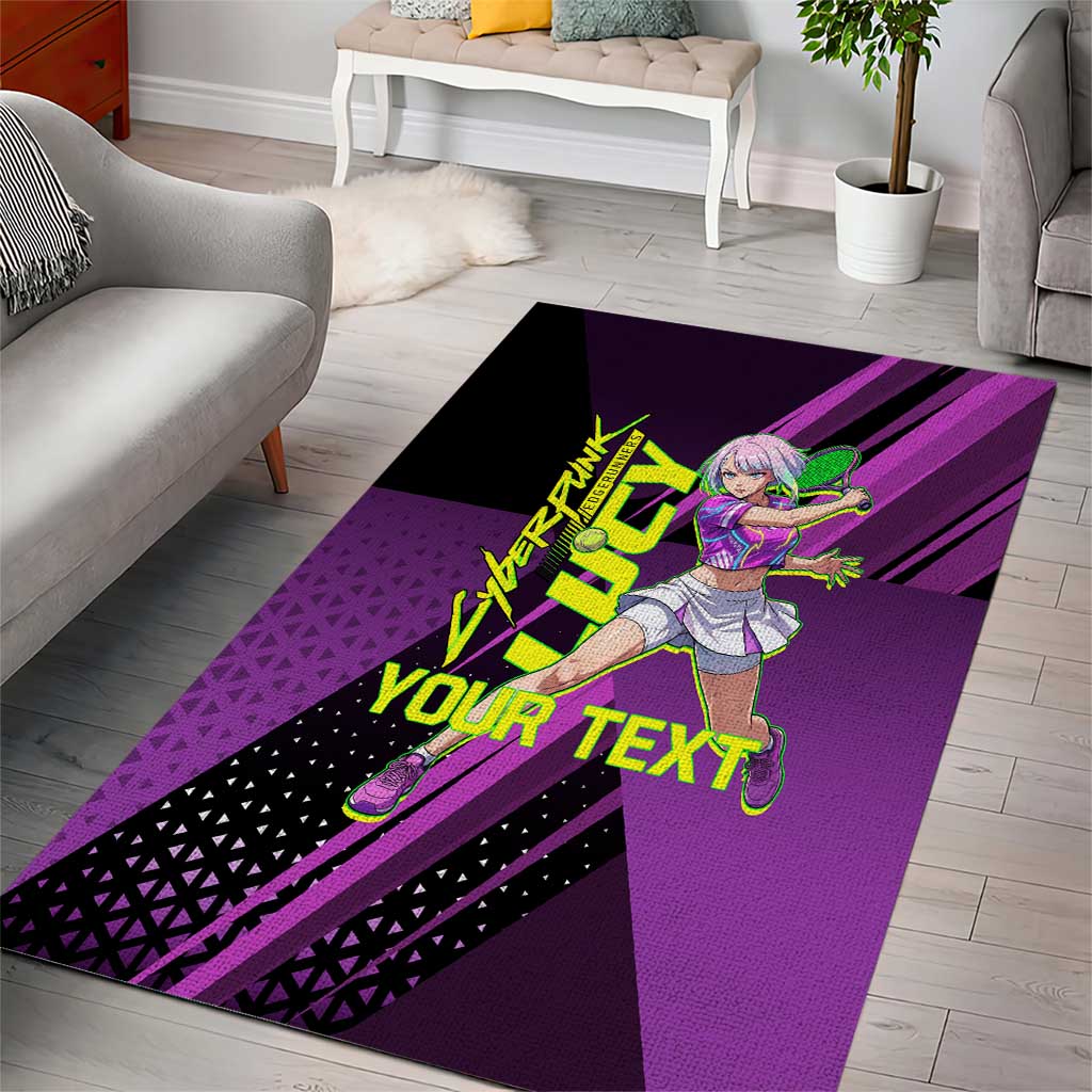 Personalized Lucy Tennis Design Area Rug with a Cyberpunk Edgerunners Theme Featuring Neon Purple and Dynamic Poses