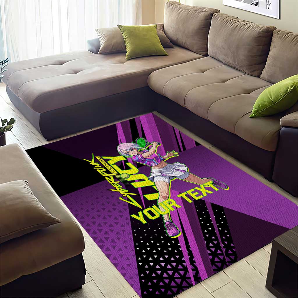 Personalized Lucy Tennis Design Area Rug with a Cyberpunk Edgerunners Theme Featuring Neon Purple and Dynamic Poses