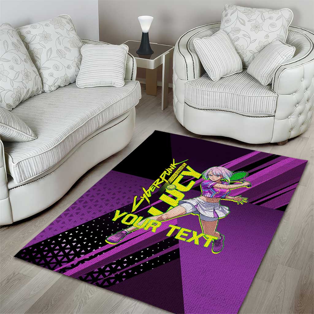 Personalized Lucy Tennis Design Area Rug with a Cyberpunk Edgerunners Theme Featuring Neon Purple and Dynamic Poses