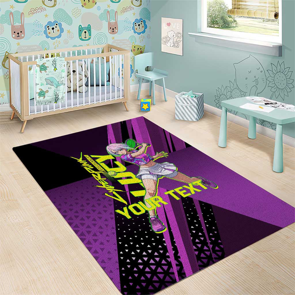 Personalized Lucy Tennis Design Area Rug with a Cyberpunk Edgerunners Theme Featuring Neon Purple and Dynamic Poses