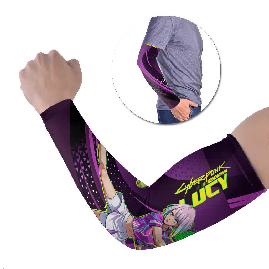 Personalized Lucy Tennis Design Arm Sleeves with a Cyberpunk Edgerunners Theme Featuring Neon Purple and Dynamic Poses