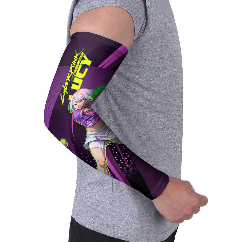 Personalized Lucy Tennis Design Arm Sleeves with a Cyberpunk Edgerunners Theme Featuring Neon Purple and Dynamic Poses