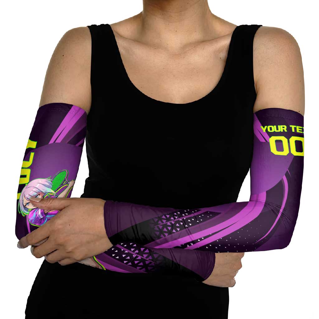 Personalized Lucy Tennis Design Arm Sleeves with a Cyberpunk Edgerunners Theme Featuring Neon Purple and Dynamic Poses