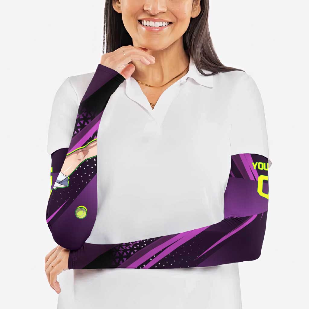 Personalized Lucy Tennis Design Arm Sleeves with a Cyberpunk Edgerunners Theme Featuring Neon Purple and Dynamic Poses