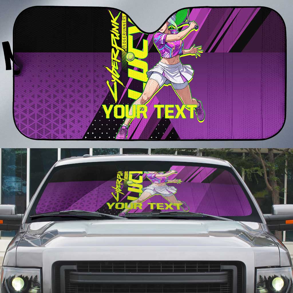 Personalized Lucy Tennis Design Auto Sun Shade with a Cyberpunk Edgerunners Theme Featuring Neon Purple and Dynamic Poses