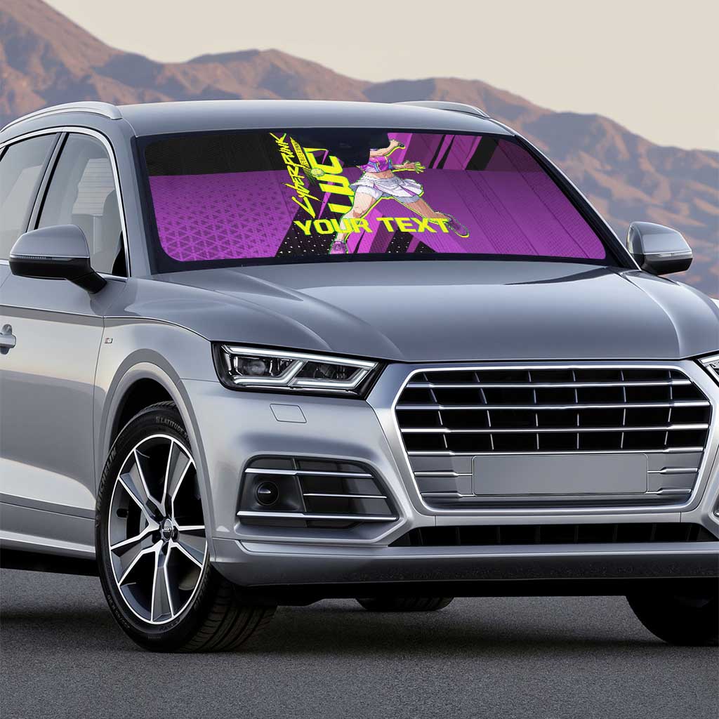 Personalized Lucy Tennis Design Auto Sun Shade with a Cyberpunk Edgerunners Theme Featuring Neon Purple and Dynamic Poses