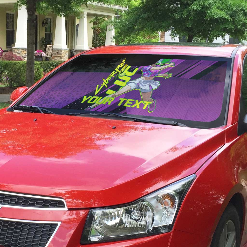 Personalized Lucy Tennis Design Auto Sun Shade with a Cyberpunk Edgerunners Theme Featuring Neon Purple and Dynamic Poses