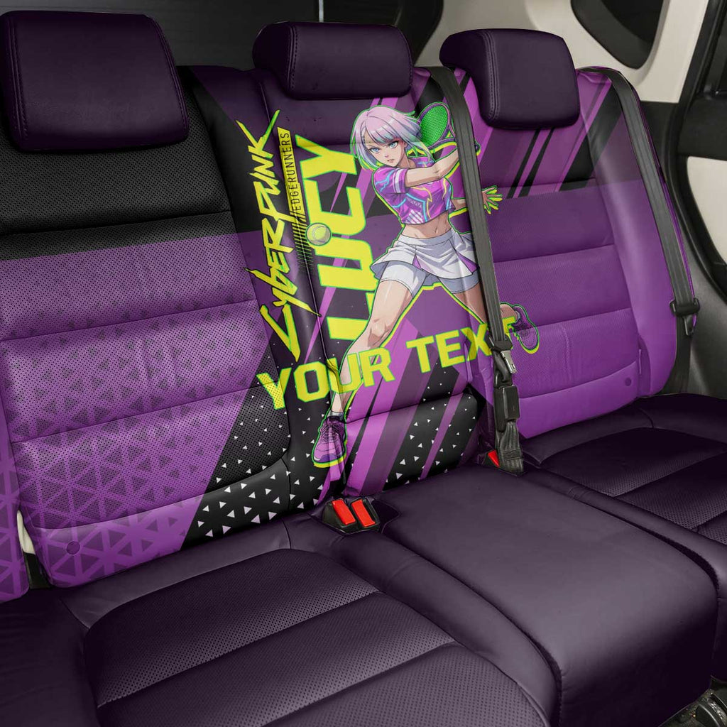 Personalized Lucy Tennis Design Back Car Seat Cover with a Cyberpunk Edgerunners Theme Featuring Neon Purple and Dynamic Poses