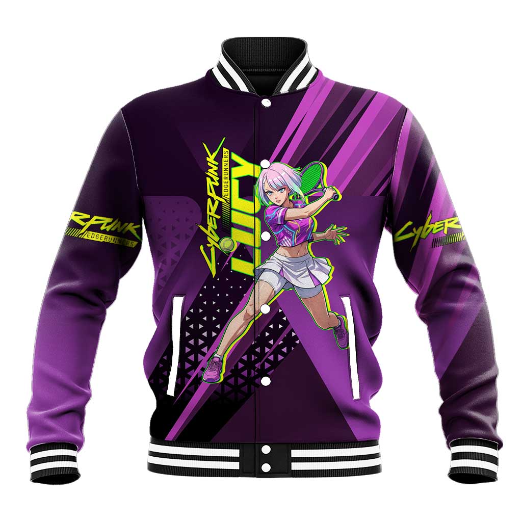 Personalized Lucy Tennis Design Baseball Jacket with a Cyberpunk Edgerunners Theme Featuring Neon Purple and Dynamic Poses