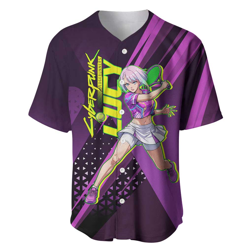 Personalized Lucy Tennis Design Baseball Jersey with a Cyberpunk Edgerunners Theme Featuring Neon Purple and Dynamic Poses