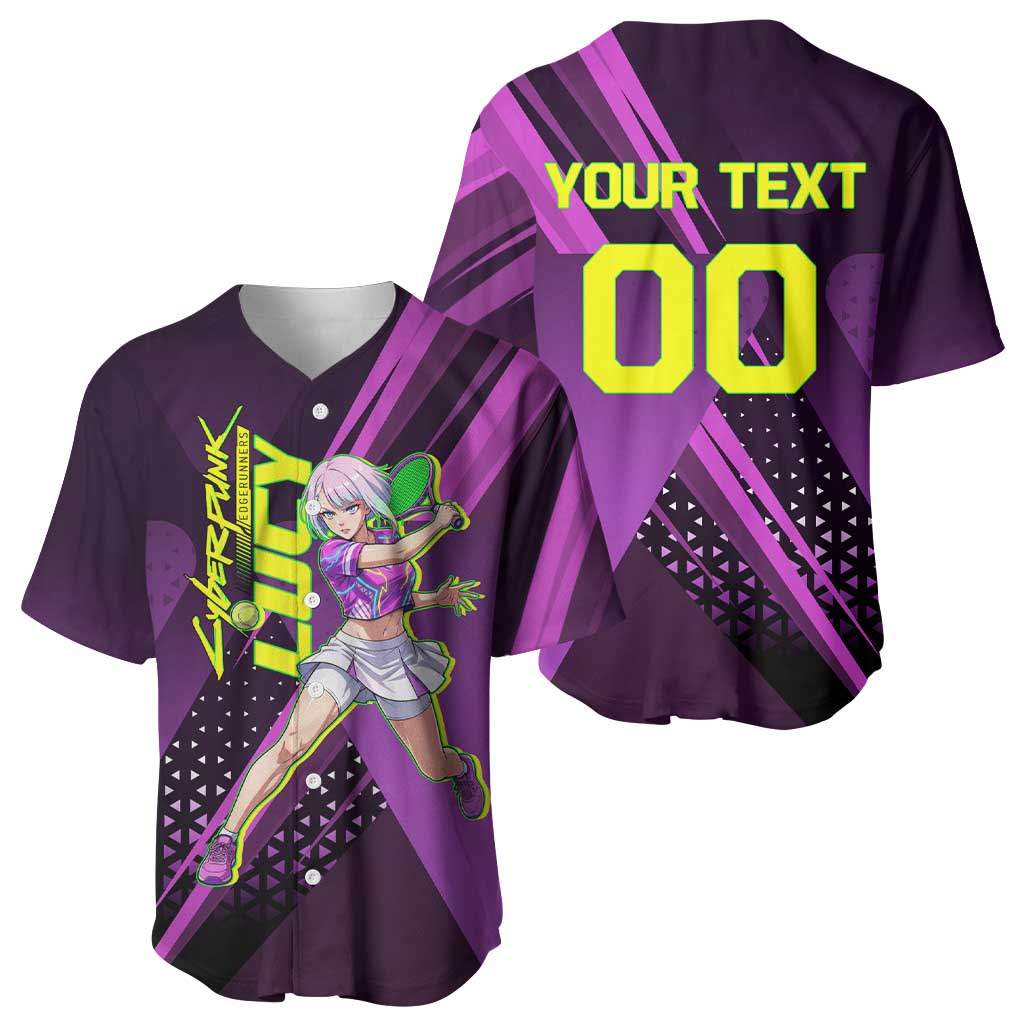 Personalized Lucy Tennis Design Baseball Jersey with a Cyberpunk Edgerunners Theme Featuring Neon Purple and Dynamic Poses