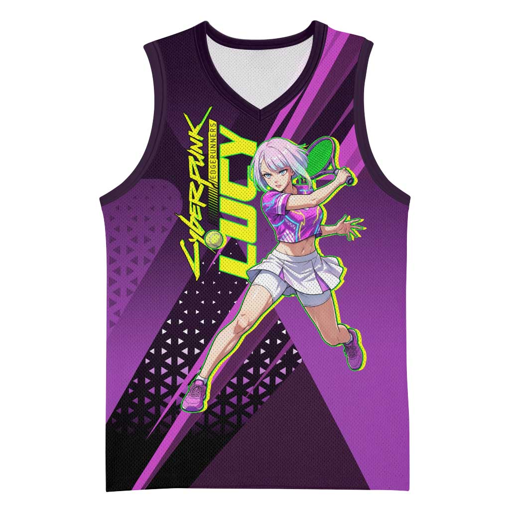 Personalized Lucy Tennis Design Basketball Jersey with a Cyberpunk Edgerunners Theme Featuring Neon Purple and Dynamic Poses