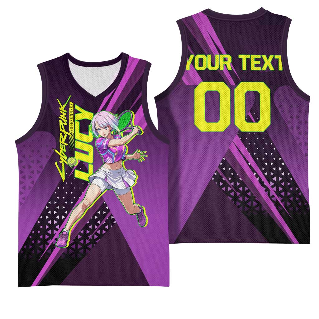 Personalized Lucy Tennis Design Basketball Jersey with a Cyberpunk Edgerunners Theme Featuring Neon Purple and Dynamic Poses